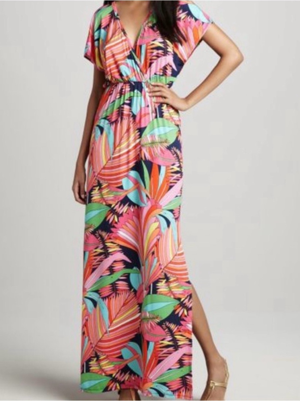 Trina Turk Tropical Palm print maxi dress/Multicolor/V-neck/Made in USA/NWOT - Picture 2 of 4